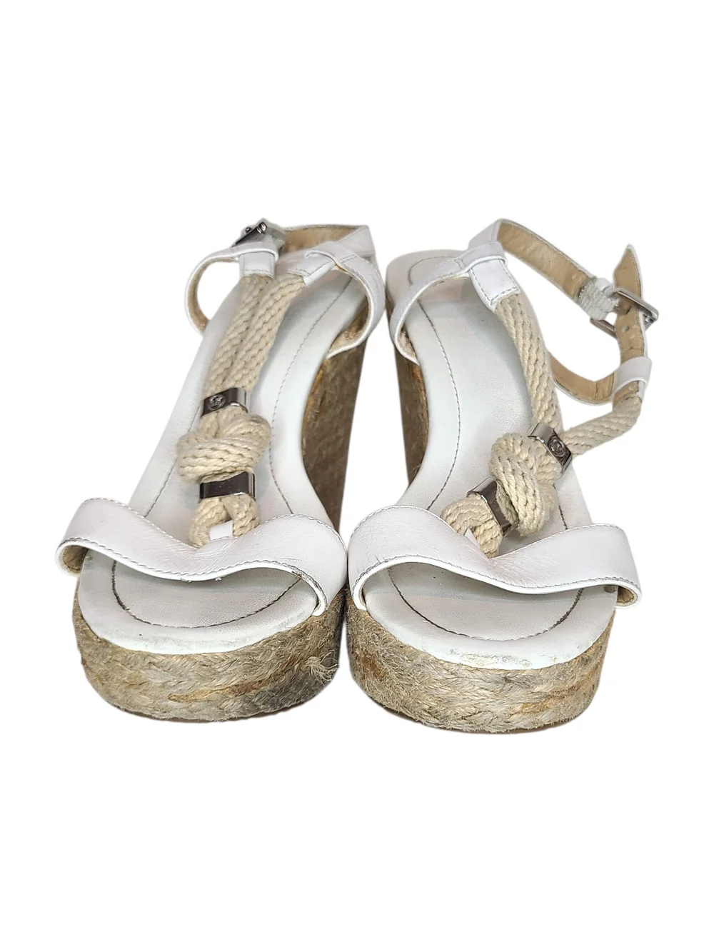 Michael Kors White Leather Rope-Knot Espadrille Wedge Sandals High Heel